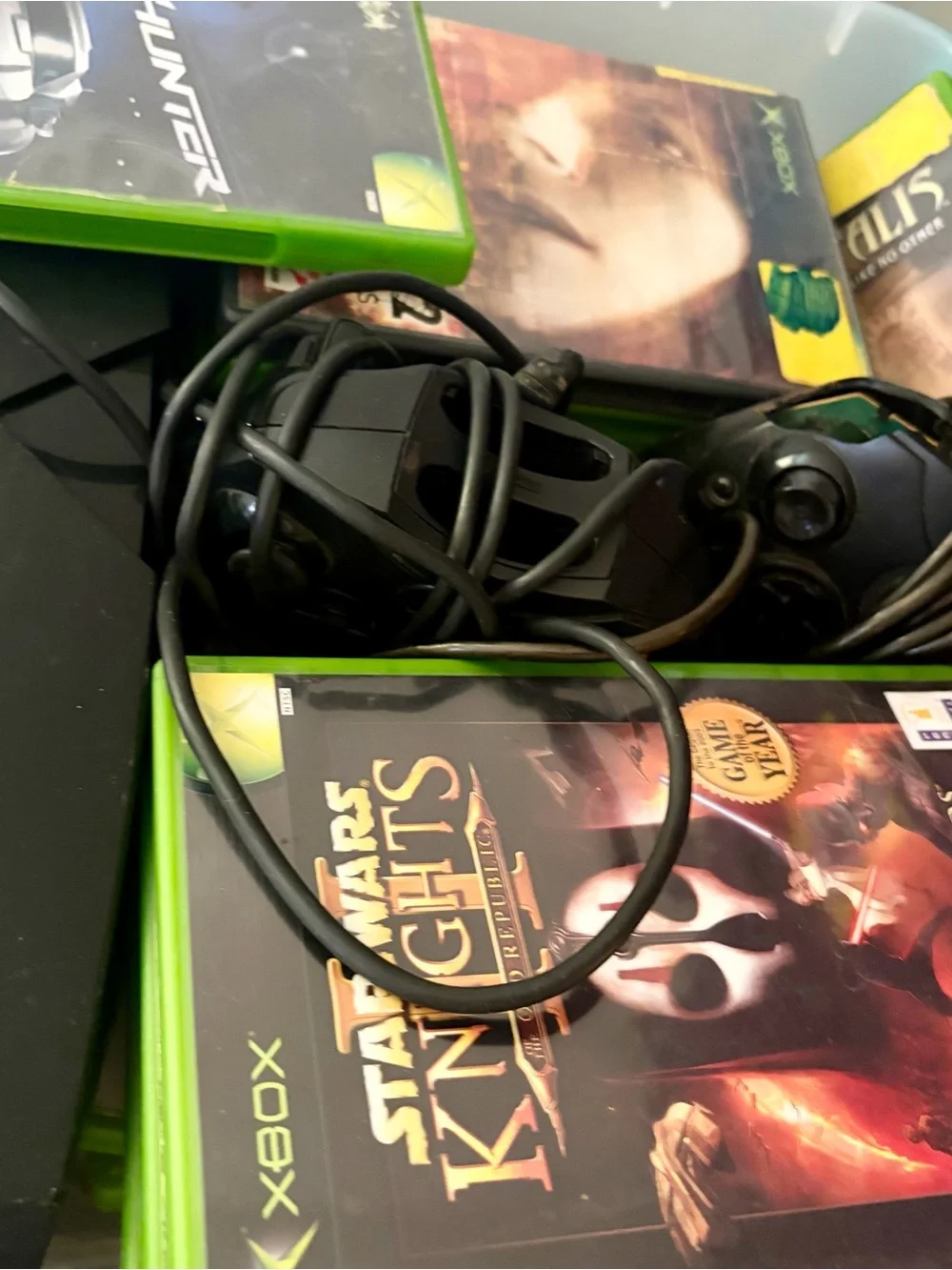 Microsoft Xbox Console with Black Body and Green Accents + Game Discs, 2 Control